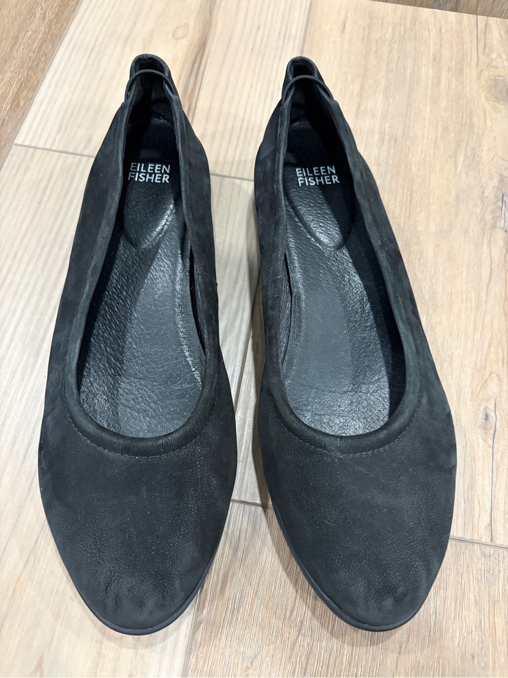 Eileen Fisher Black Suede Rounded Toe Low Wedge Ballet Flats